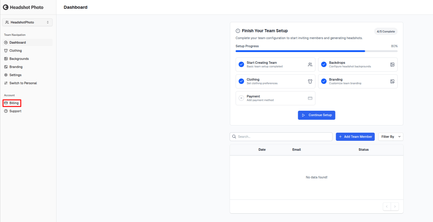 Select Billing option in the team dashboard sidebar