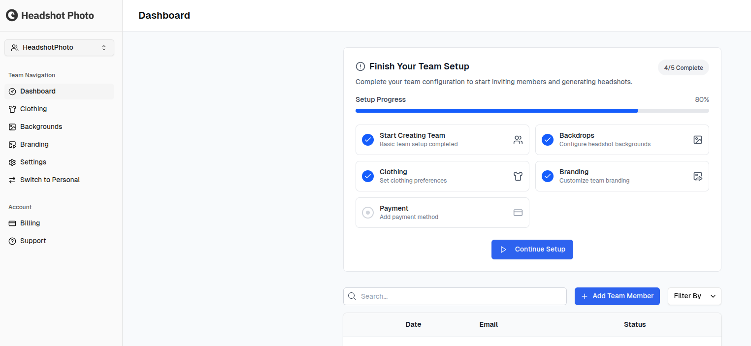 Team dashboard with sidebar navigation